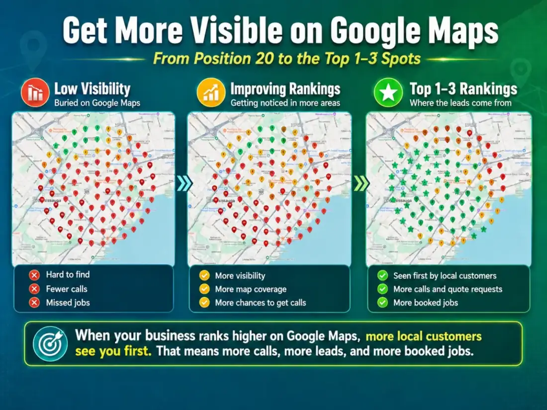 Google Maps ranking progression — from low visibility to top 1–3 rankings, showing more calls, more leads, and more booked jobs for local businesses